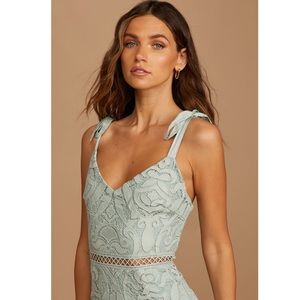 Lulu’s Won Your Heart Sage Green Lace Tie-Strap High-Low Midi Dress XS